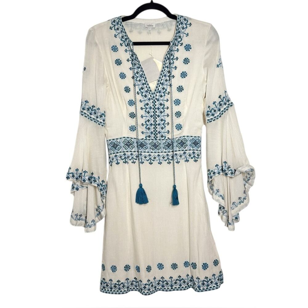Talitha NWT Cream Blue Embroidered Silk Anya Mini Dress Small